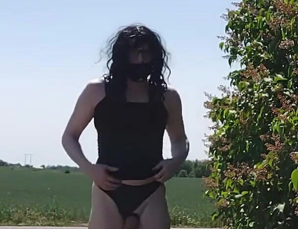 Miolee in lingerie flashes outdoors, ending in a cumshot